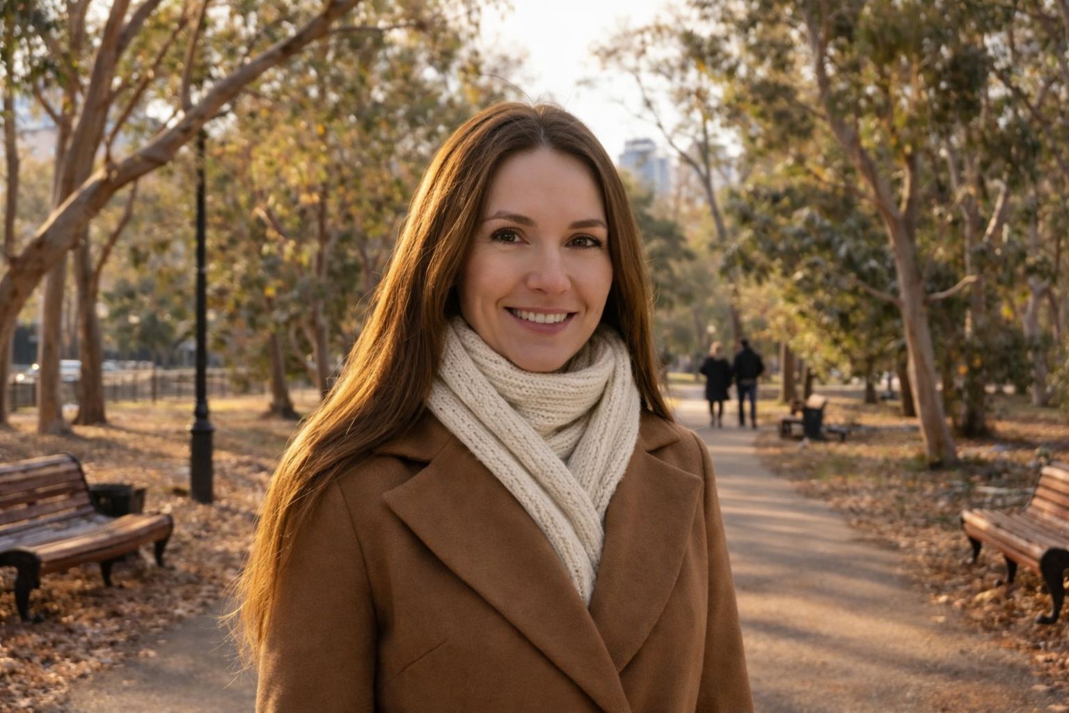 Woman wearing a coat and scarf standing in a park during a mild winter day in Sydney