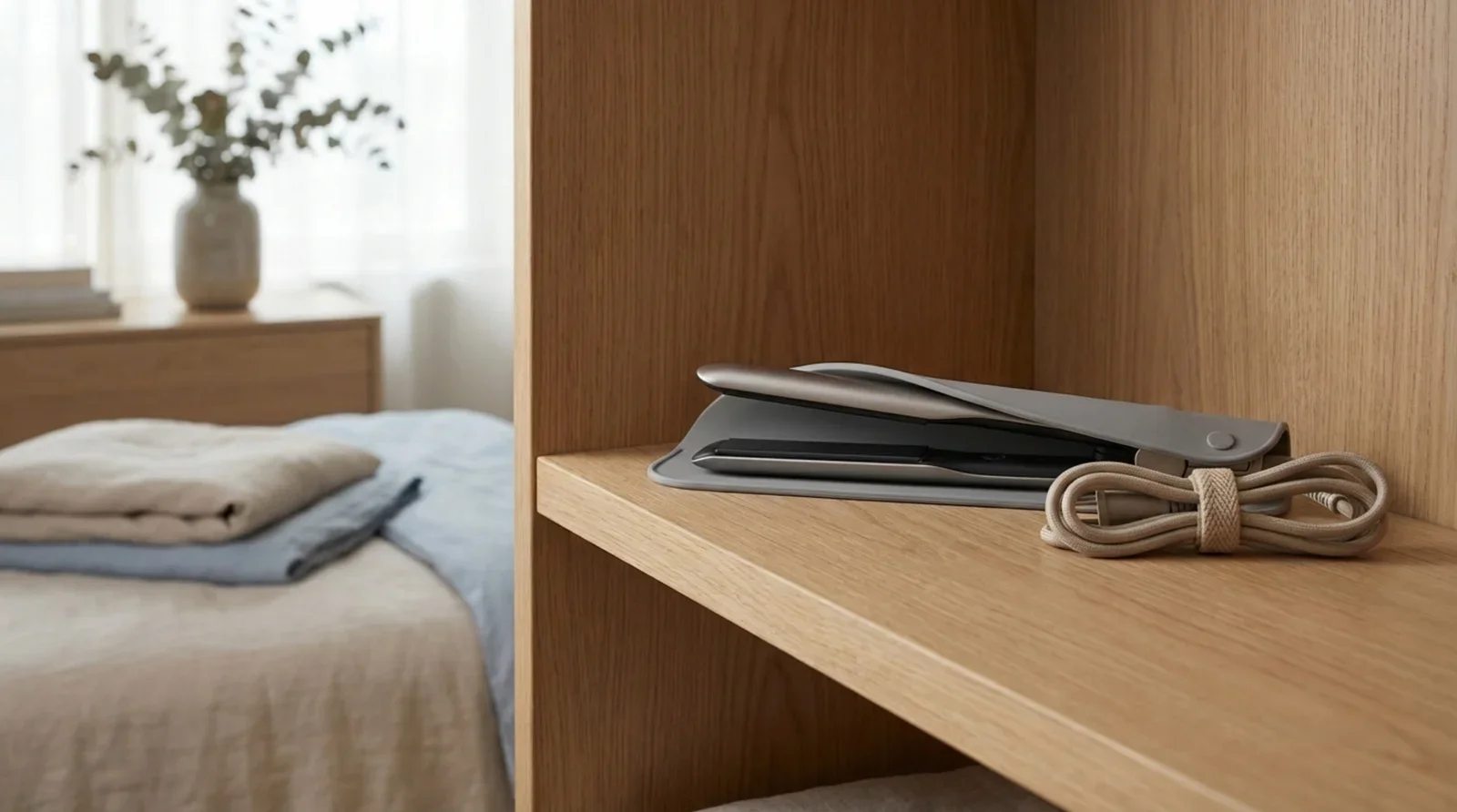 A hair straightener stored correctly in a heat-resistant pouch on a wooden shelf, emphasizing organization and safety in a tidy bedroom environment.