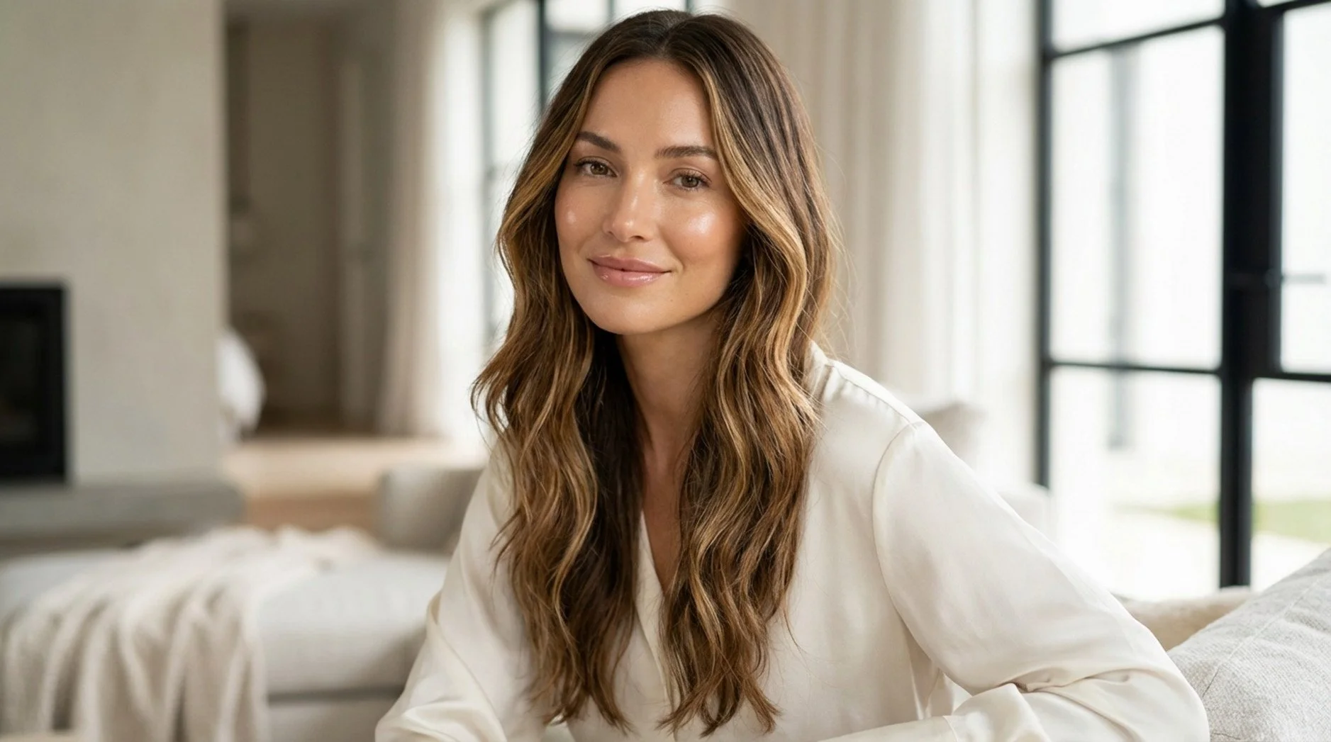 A woman with long wavy brunette hair showcasing a natural-looking balayage with sun-kissed highlights.