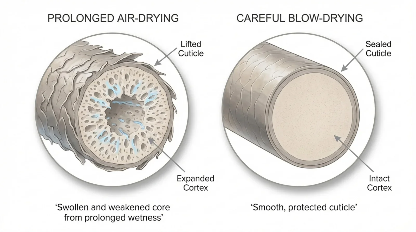 Diagram comparing effects of air-drying and blow-drying on hair strands showing swollen wet hair versus smooth sealed cuticle.