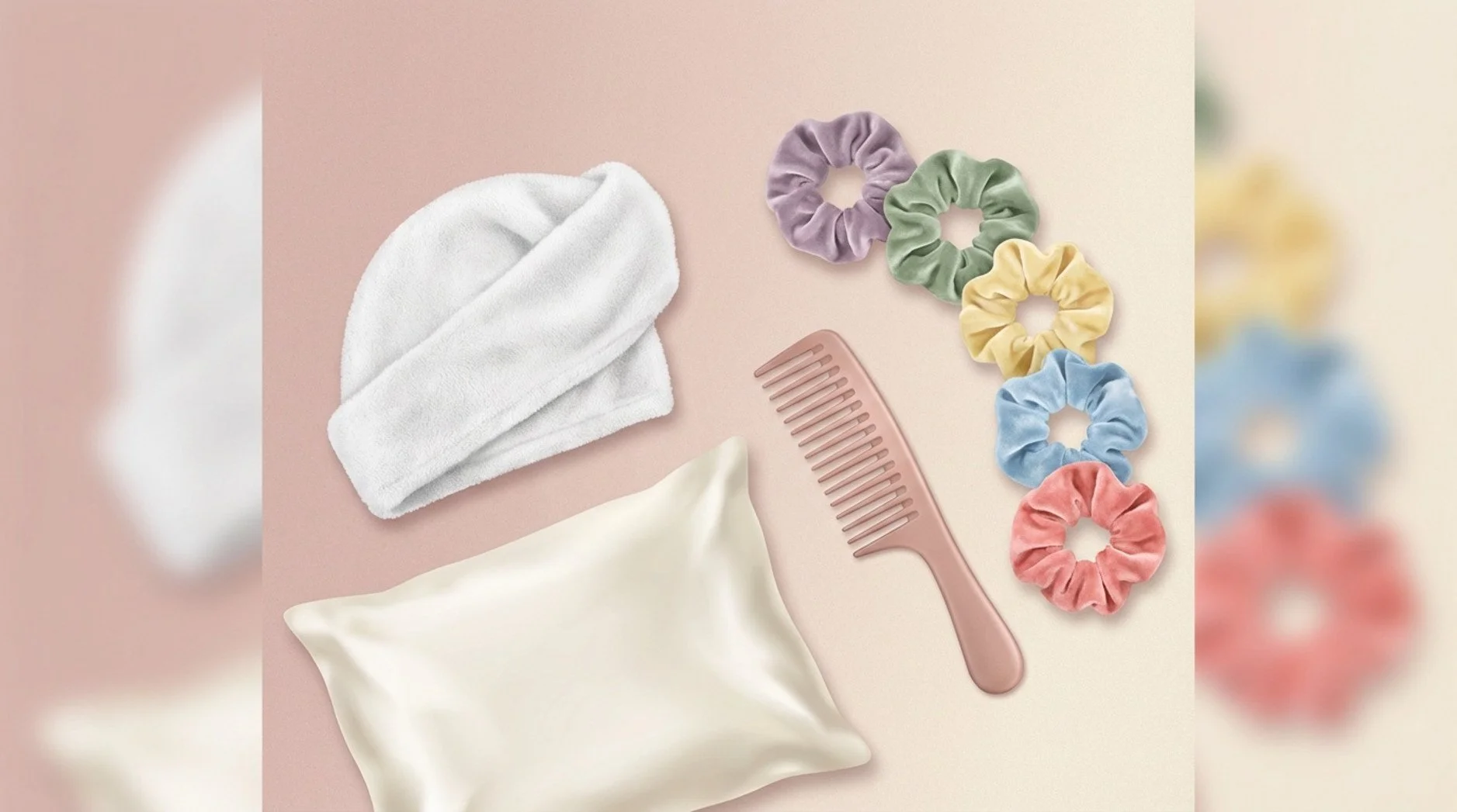 Flat-lay illustration of hair care tools on a pastel background including a silk pillowcase, microfiber towel, wide-tooth comb, and colorful scrunchies.