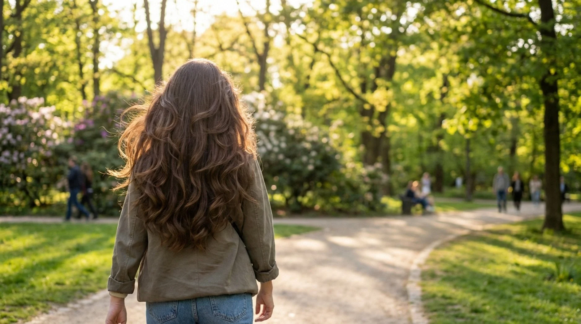 A woman with layered hair walking through a park, showcasing how layers add movement and reduce weight in long hair.