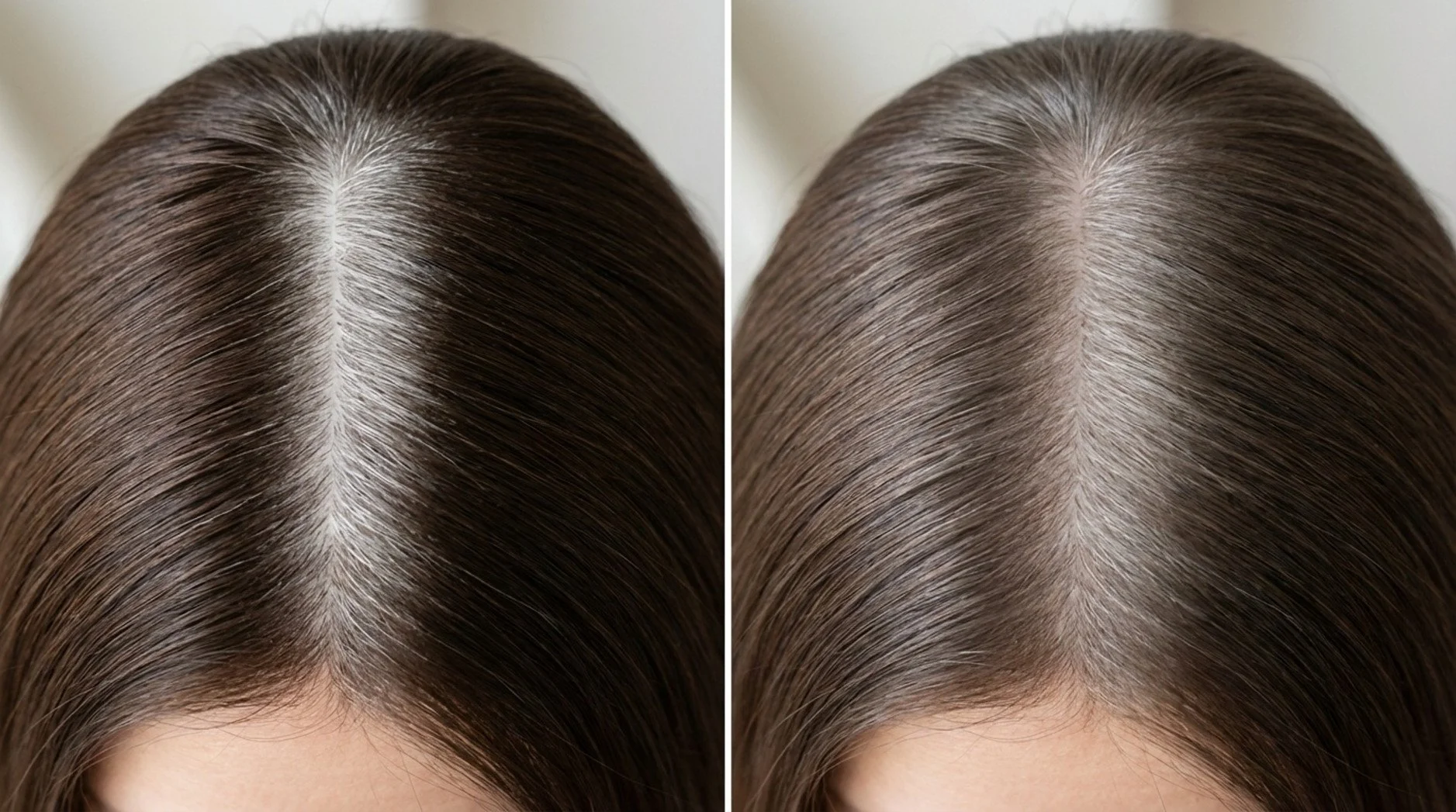 Photorealistic top-down view comparing hair root regrowth after six weeks for permanent and demi-permanent coloring methods, highlighting the stark contrast in blend and visibility.