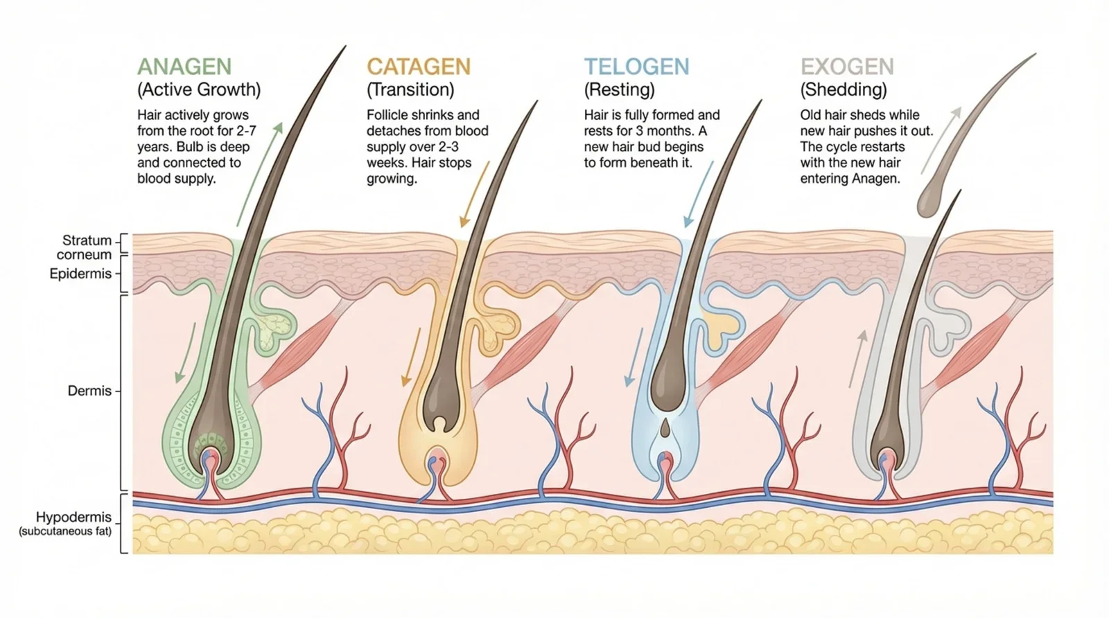 A clear infographic illustrating the four stages of hair growth cycle with labeled diagrams of hair follicles in each phase.