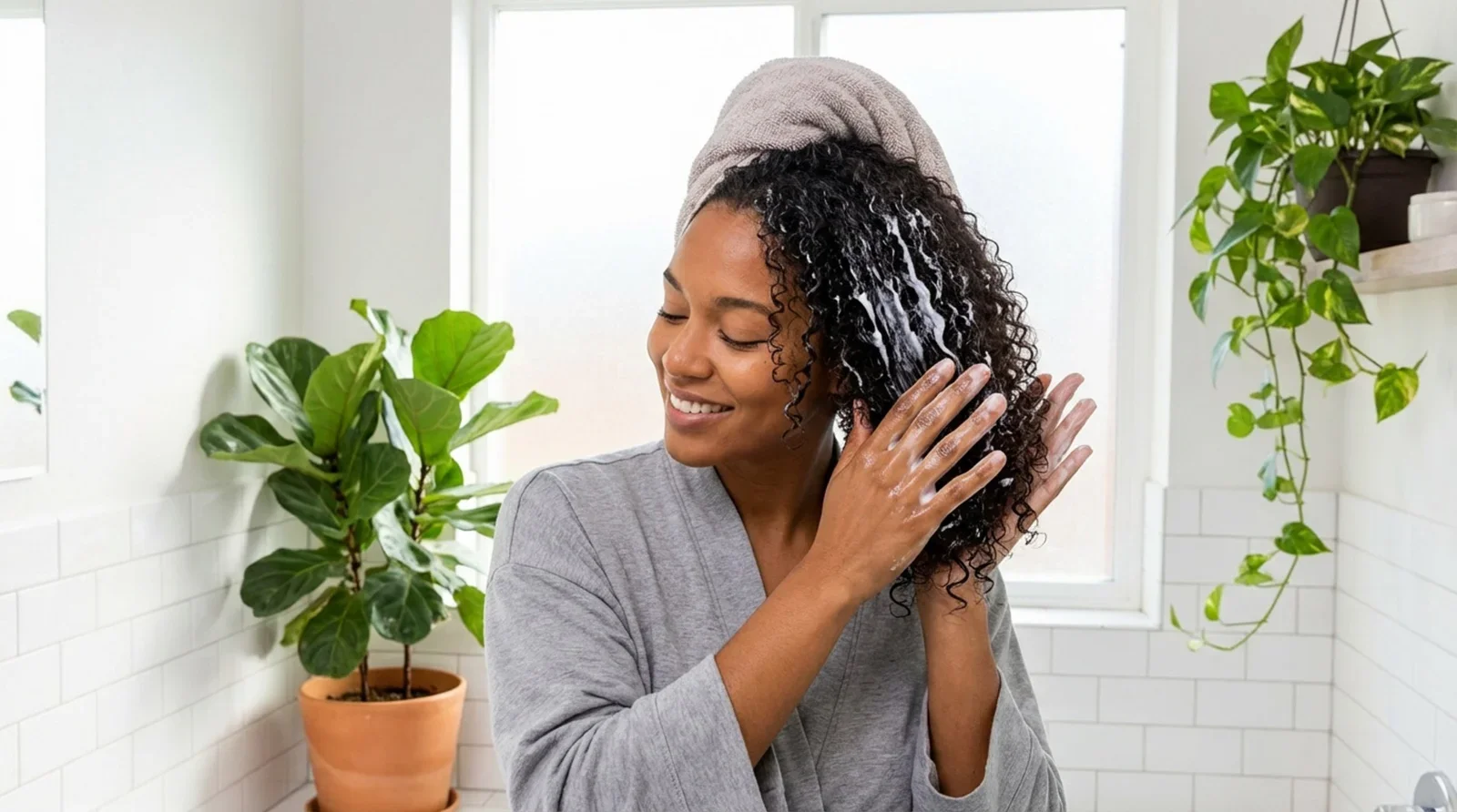 A woman with curly hair applying a deep conditioning hair mask in a bright bathroom, emphasizing self-care and hair texture.
