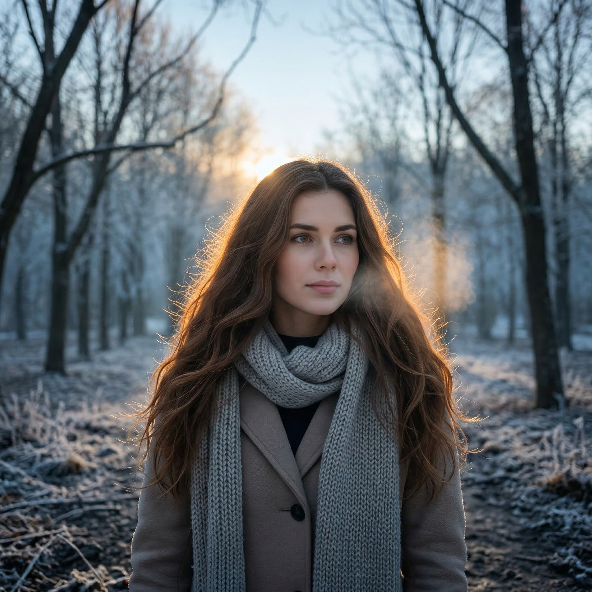 Young woman standing in a frosty forest at sunrise wearing a coat and scarf