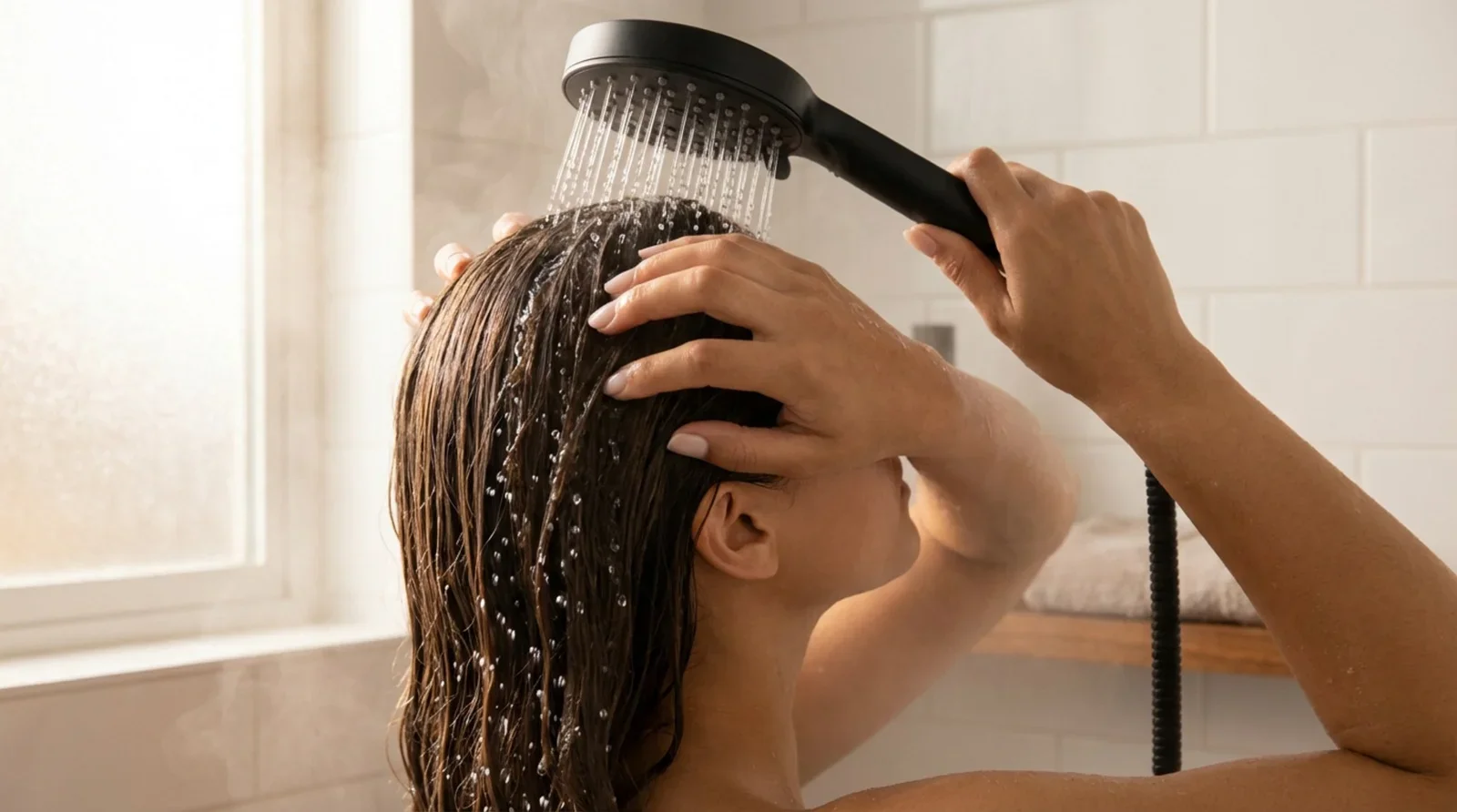 A person gently massaging their scalp in a spa-like bathroom with water running through their wet hair and natural light illuminating the scene.