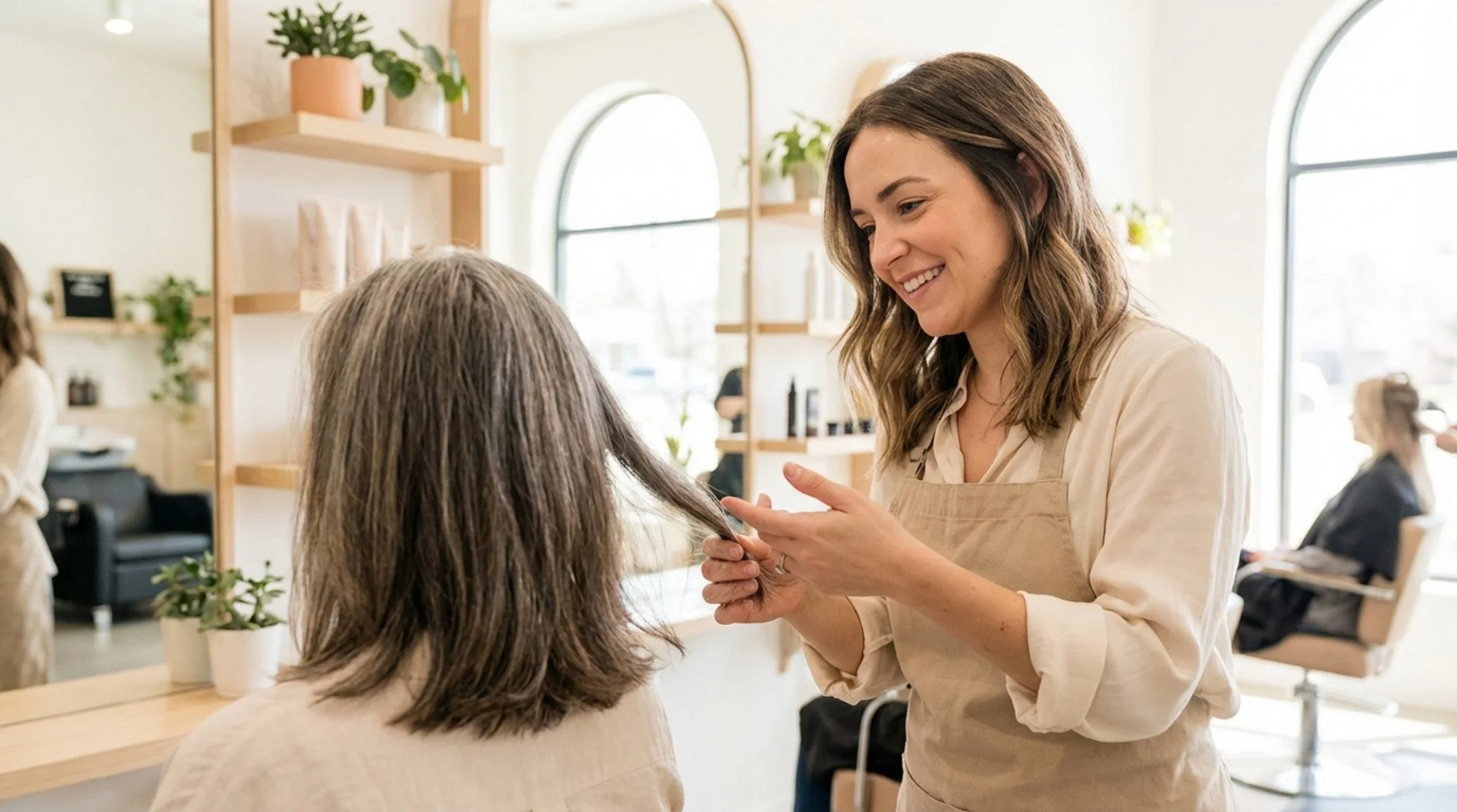 A hairstylist and client share a friendly consultation in a bright salon, focusing on hair with visible greys.