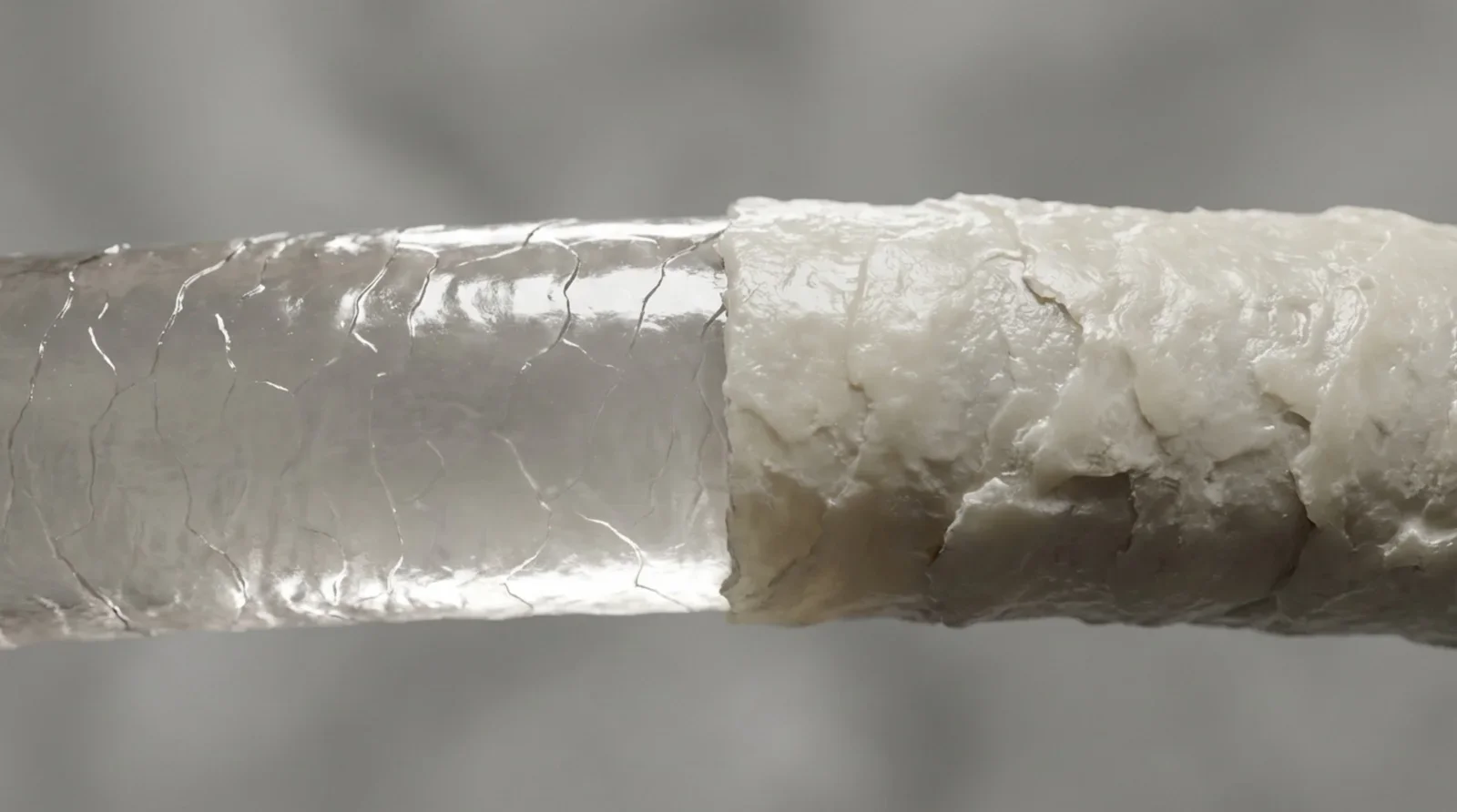 A highly magnified image showing a hair shaft split in the middle, contrasting a healthy shiny side with a dull, product-buildup side.