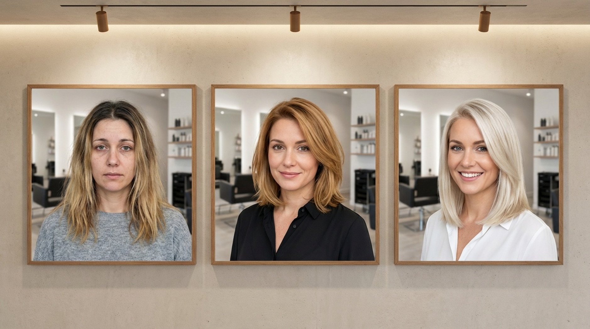 A triptych illustrating a woman's hair transformation across three salon visits, showing initial dark patchy hair, an in-between caramel blonde, and a final cool-toned blonde with increasing happiness.