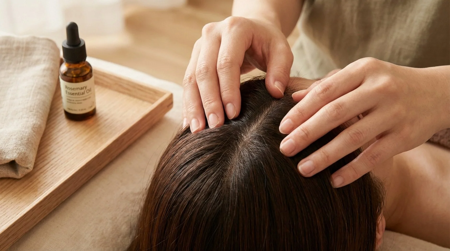 Hands perform a calming scalp massage with essential oil in a spa setting.