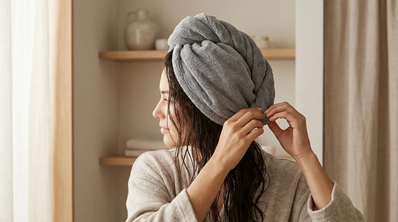 A woman gently wrapping her damp hair in a microfibre towel, emphasizing self-care and relaxation.