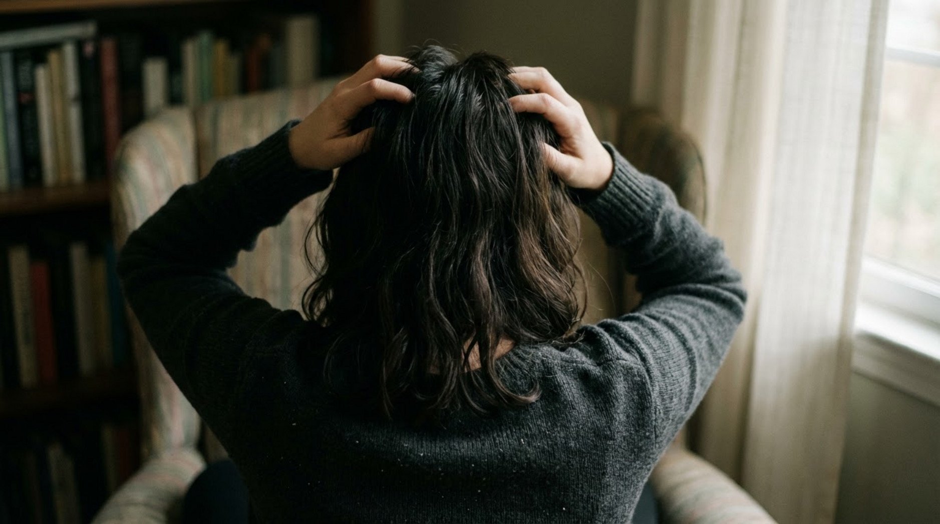 A woman from behind with a frustrated expression, touching her greasy, weighed-down hair to depict a bad hair day.