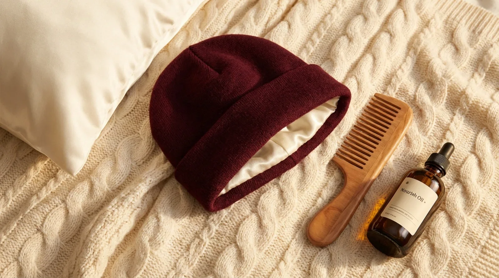 A stylish collection of winter hair protection items including a wool beanie with satin lining, silk pillowcase, wooden comb, and hair oil on a cozy blanket.