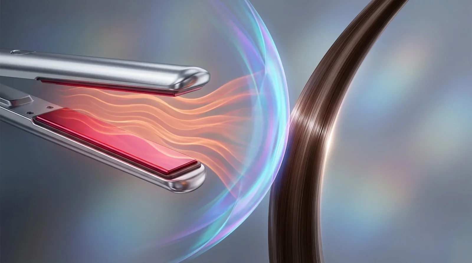 A close-up of a hair straightener approaching a hair strand with a translucent shield deflecting heat, symbolizing protection and care.