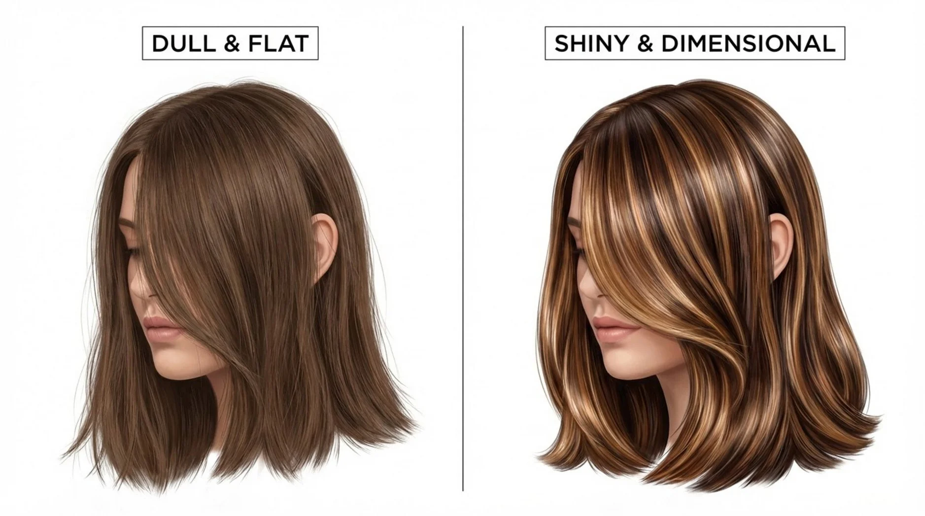 A split-panel illustration comparing dull flat hair with shiny dimensional hair highlighting the transformation from lackluster to glossy and reflective.