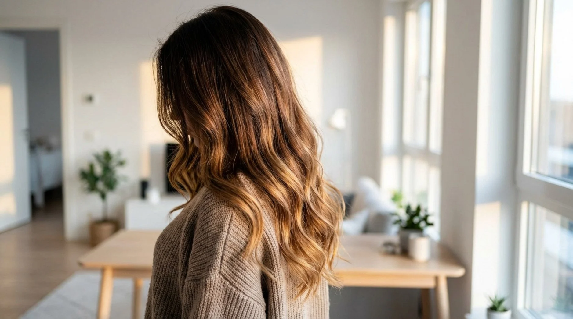 A woman with long brunette hair featuring natural balayage highlights in a warm, soft light setting.