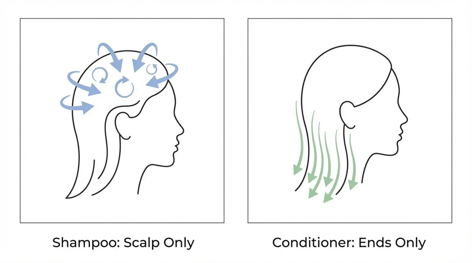 A minimalist infographic illustrating proper shampoo and conditioner application with clear step-by-step panels.