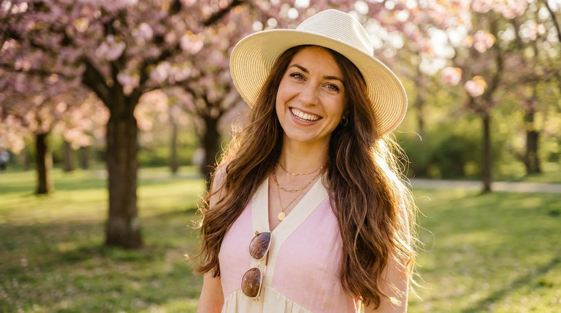 A stylish woman wearing a sun hat in a sunny park, highlighting her flowing healthy hair and confident smile.