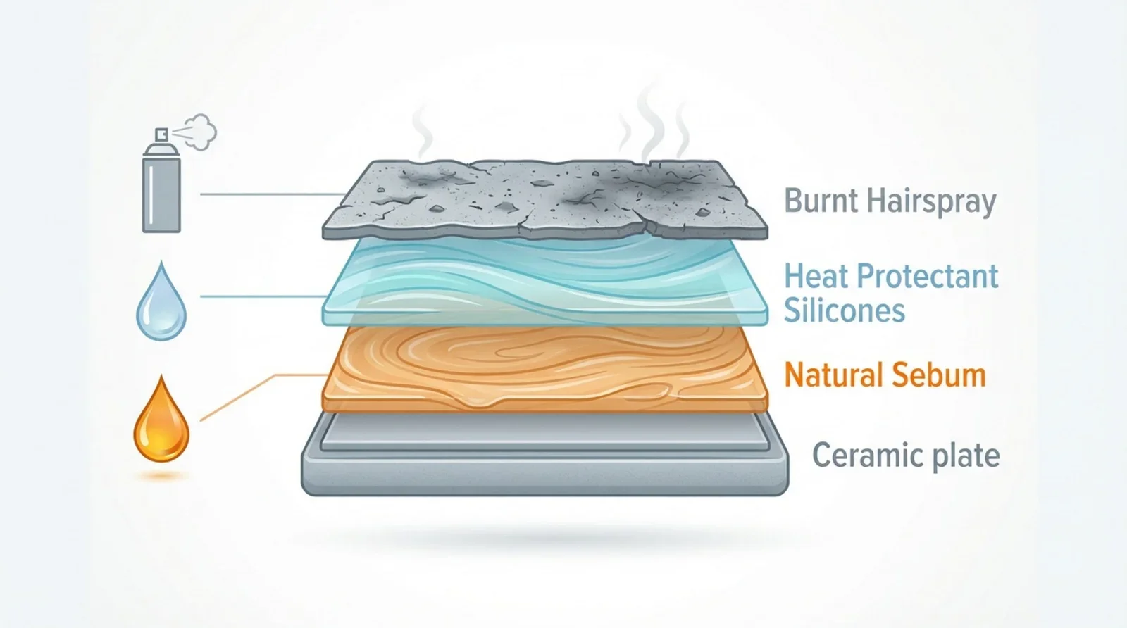 A modern infographic showing causes of build-up on a straightener with labeled layers and icons representing hairspray, silicones, and sebum.