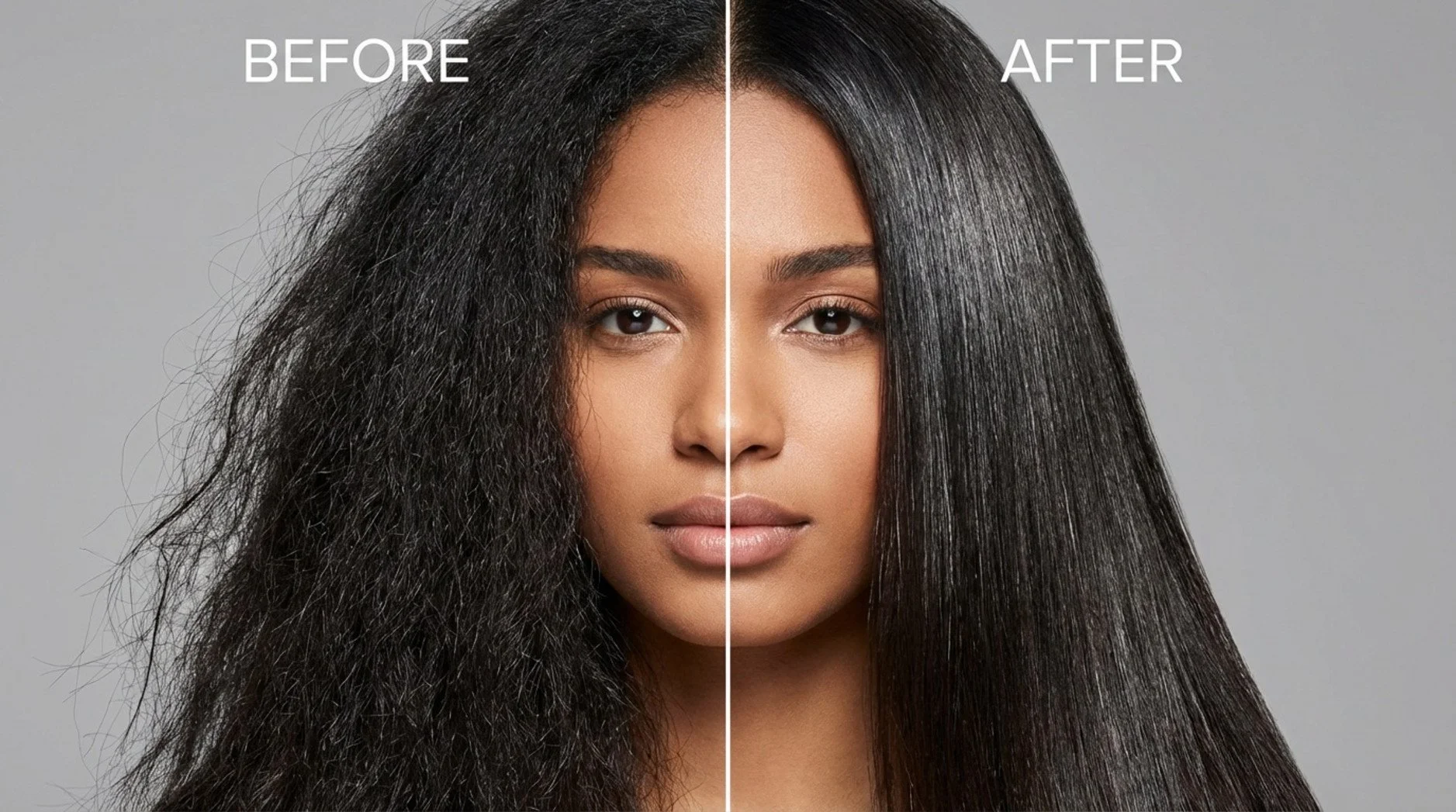 A dramatic before-and-after image showing frizzy dry hair transformed into sleek shiny hair after a keratin treatment.