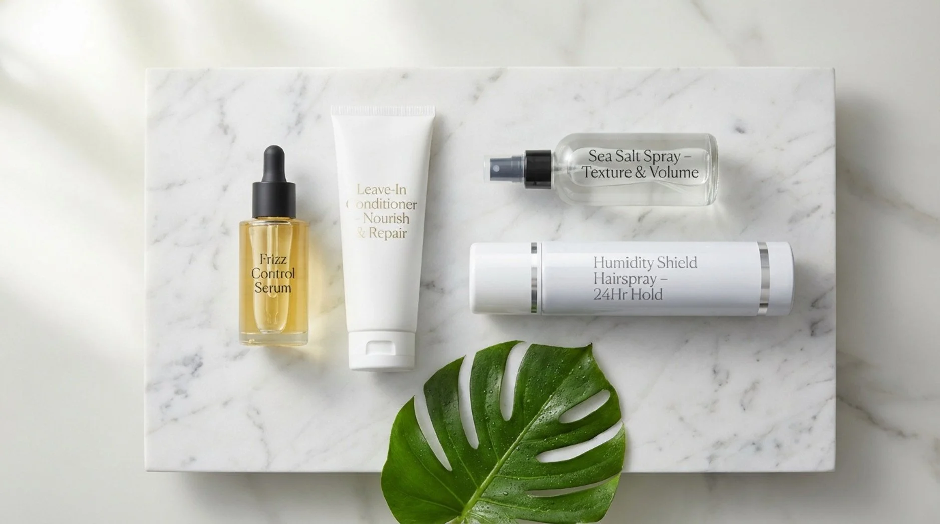 A flat lay of luxury hair products on a marble surface with a monstera leaf, emphasizing modern and chic packaging for commercial photography.