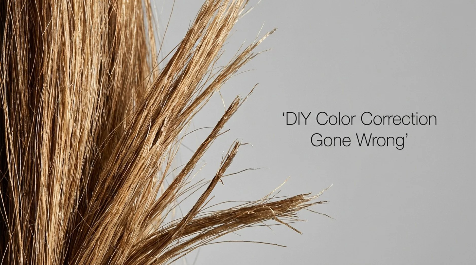 Close-up of brittle damaged hair showing split ends and breakage to warn against DIY colour correction.