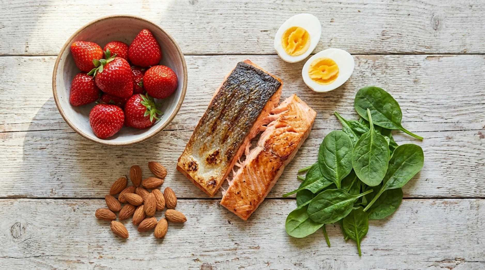 A top-down view of a variety of nutritious foods that promote hair health arranged on a rustic wooden surface.
