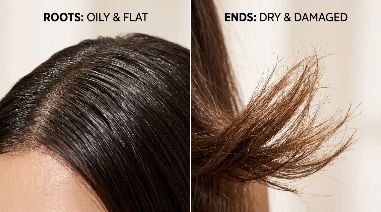 Split-panel image showing greasy scalp and dry frizzy hair ends to illustrate hair damage and condition.