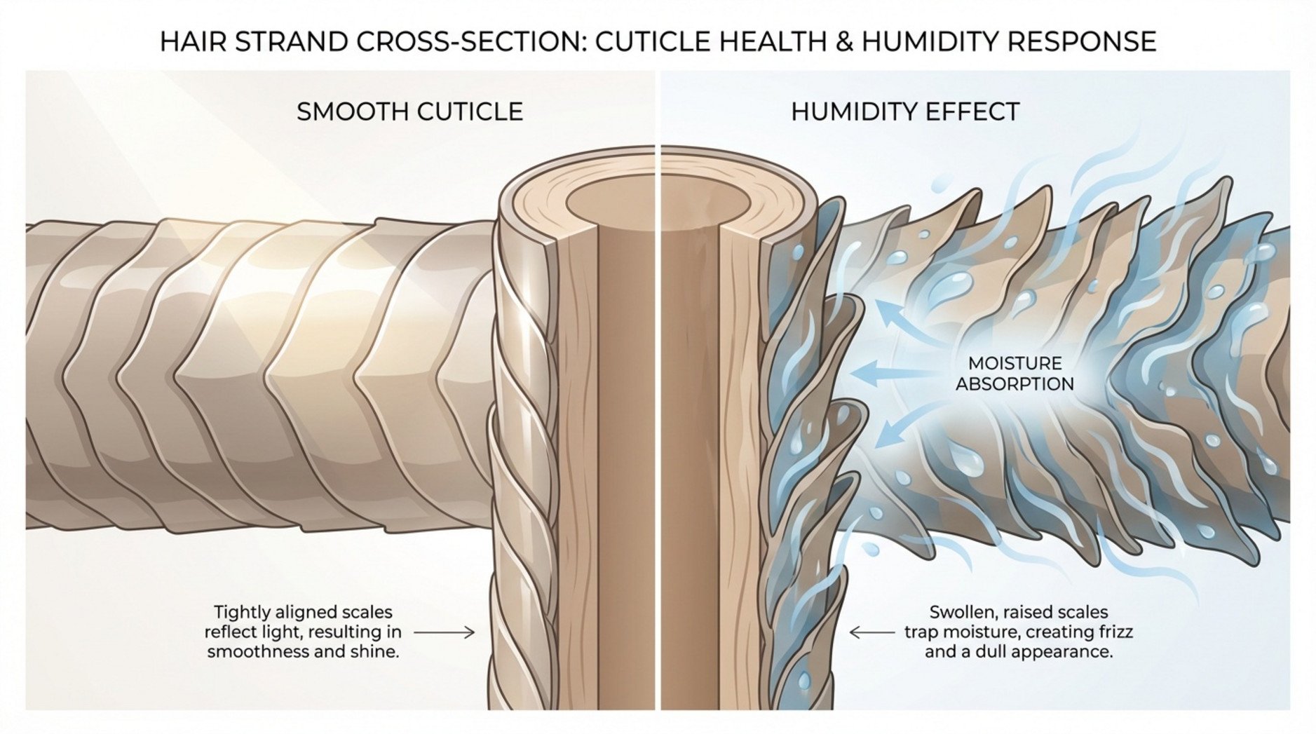 A modern infographic illustrating a human hair strand cross-section showing smooth cuticle and humidity effect with frizz.
