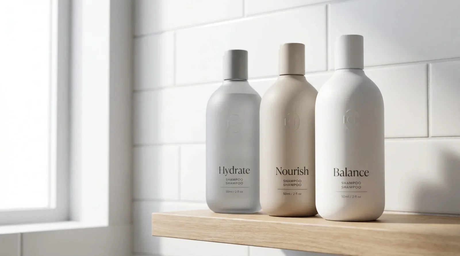 Collection of sleek modern shampoo bottles displayed on a bathroom shelf with a blurred tiled background.
