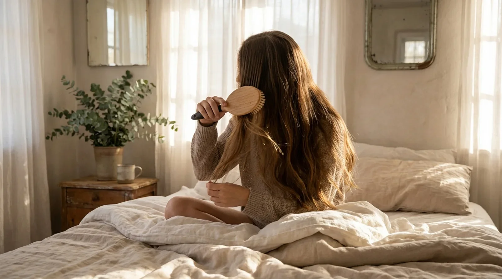 A woman gently brushing her long hair in a peaceful bedroom, illustrating a self-care routine.