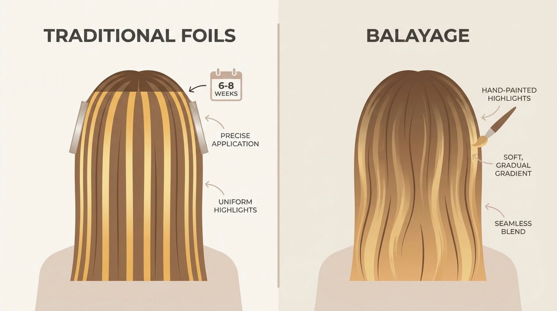 Infographic comparing traditional foils with balayage highlighting techniques showing distinct stripes versus natural blended color