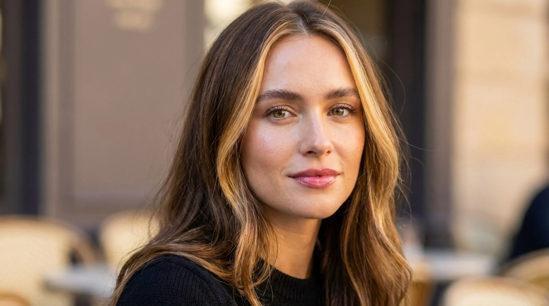 Close-up portrait highlighting face-framing hair highlights that enhance the woman's features and eyes.