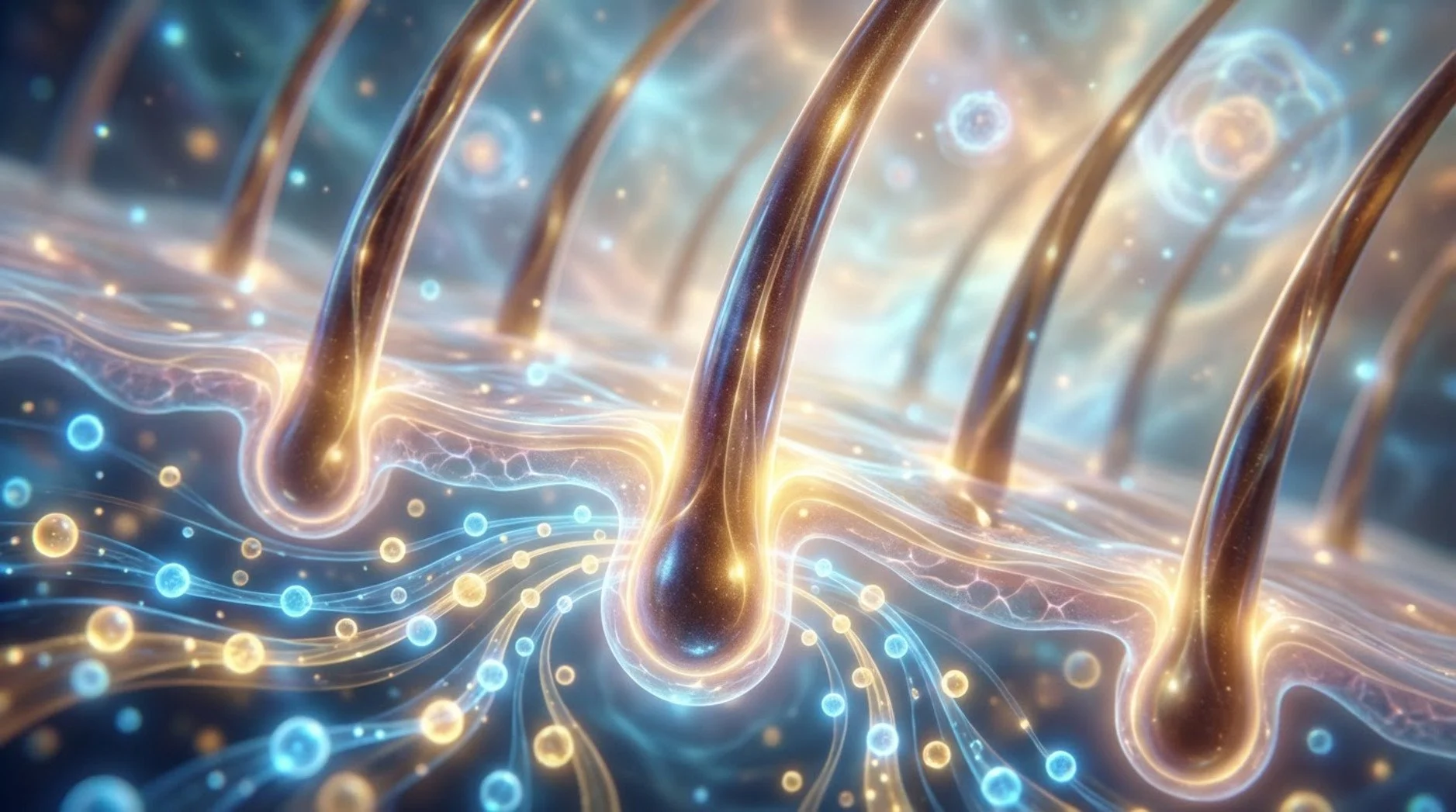 Stylized digital illustration of a healthy scalp with glowing particles flowing to hair follicles and vibrant hair strands growing upward.