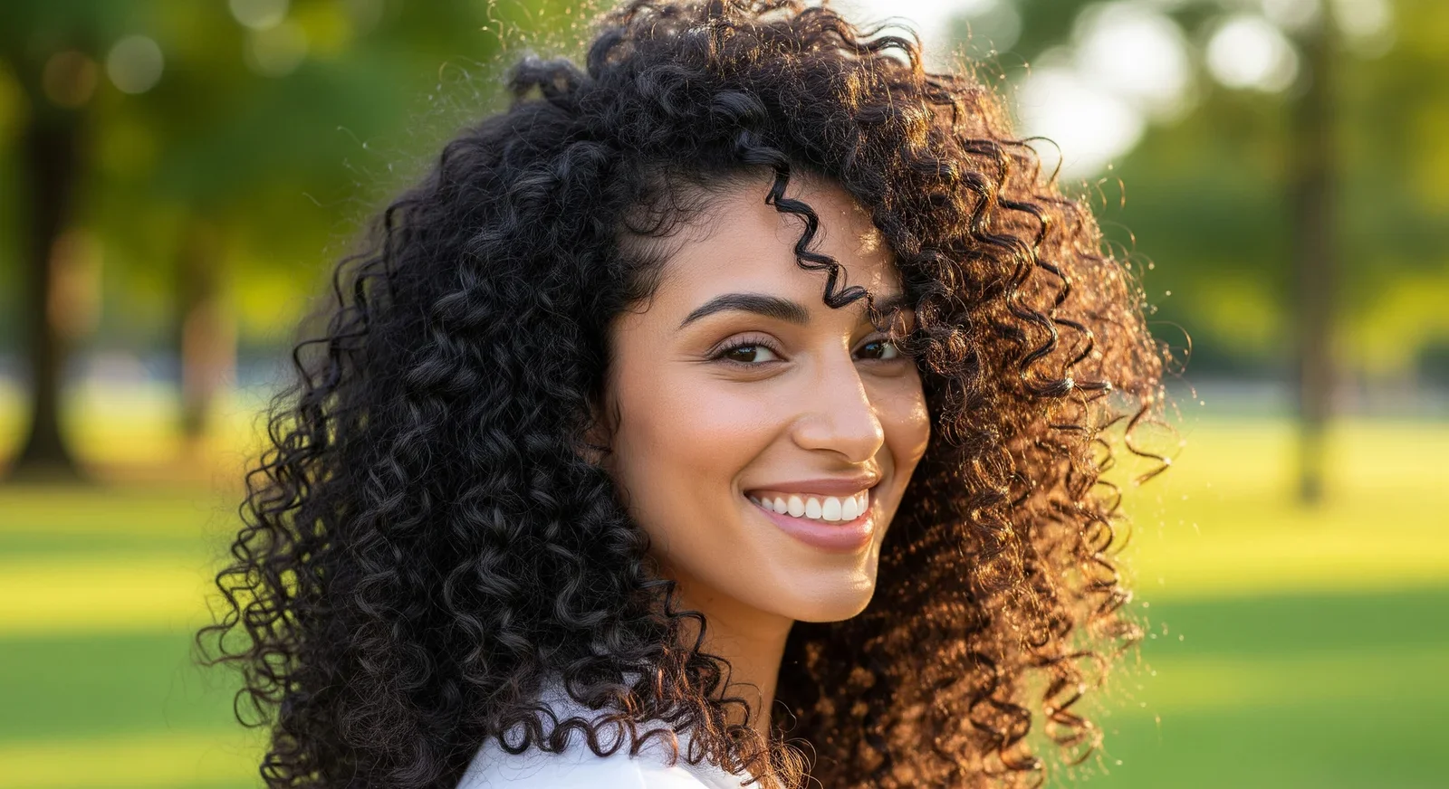 A woman outdoors with shiny, well-defined curls highlighted by natural sunlight, celebrating healthy hair and natural beauty.