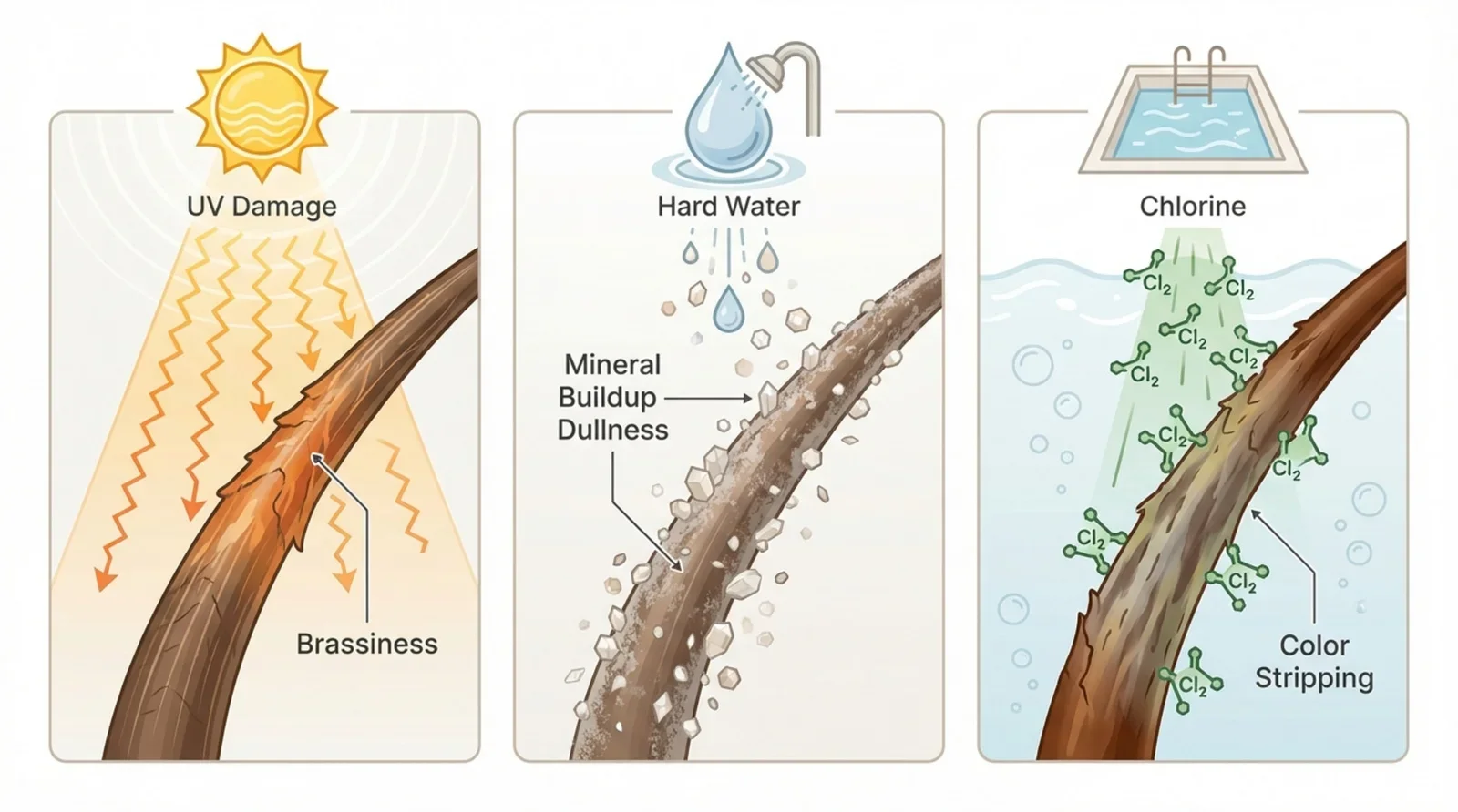 Three-panel infographic illustrating environmental damage to hair including UV bleaching, mineral deposits from hard water, and chlorine stripping color.