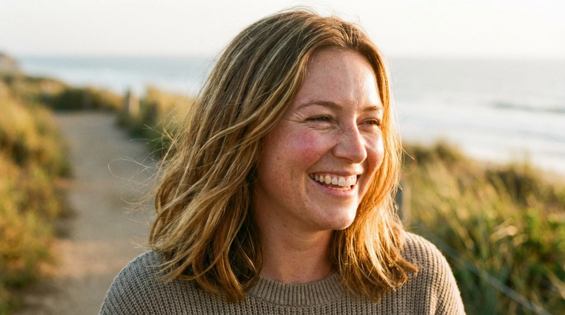 A woman with sun-kissed hair laughing genuinely, conveying confidence and authenticity.