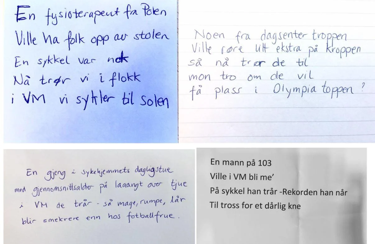 PRODUKSJONEN SÅ LANGT: Her er de fire første VM-limerickene til Bergljot.
