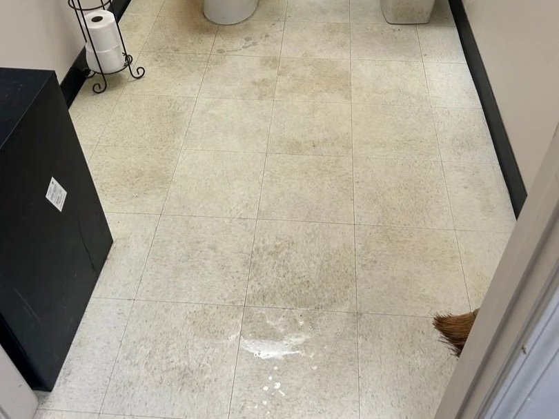 Water on bathroom floor from leak next door