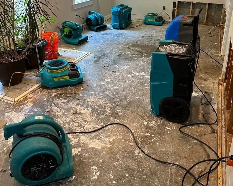 Drying equipment set in living room to dry out after front loading washer door opened during wash cycle