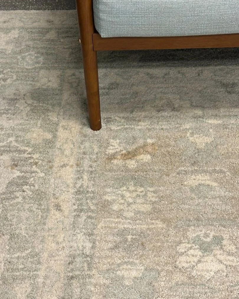 Stain on rug in office before ServiceMaster rug cleaning