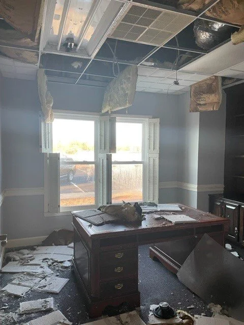 Office ceiling tiles and insulation fell from water damage caused by a burst pipe during a freeze