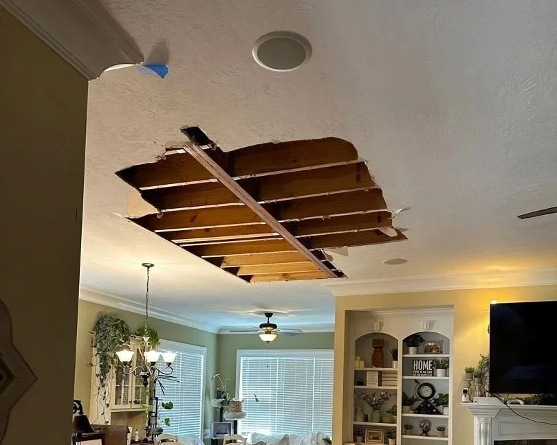 Damaged drywall ceiling removed by ServiceMaster after 2nd floor toilet tank cracked