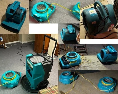 Collage of drying equipment set throughout the basement