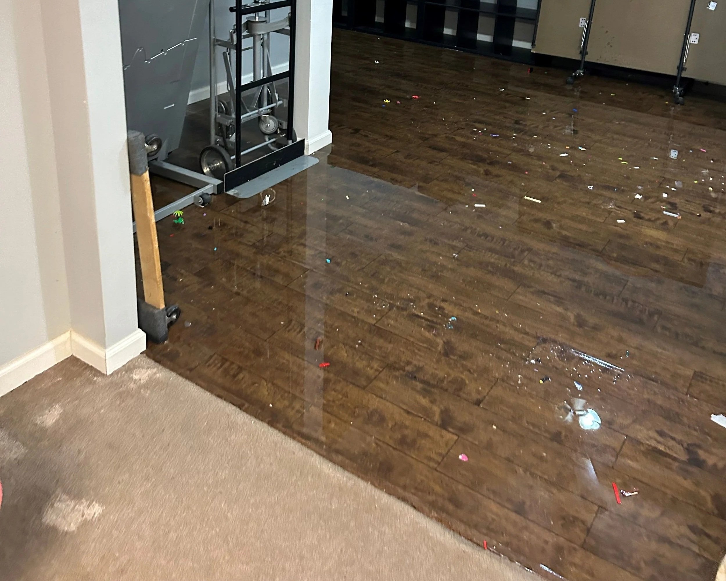 Office flooded after a pipe burst in the basement