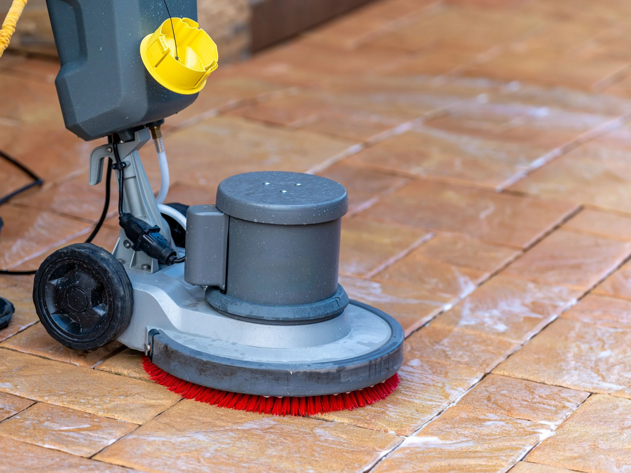 Cleaning of tile flooring with commercial roto scrubber