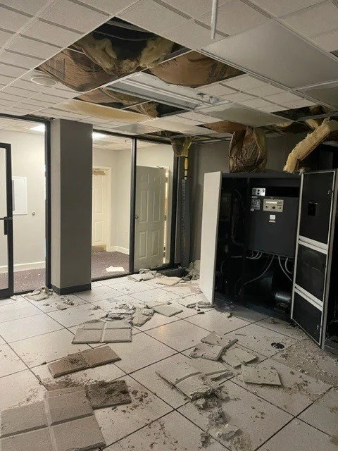 Ceiling fell in mechanical room from water damage from a bust pipe