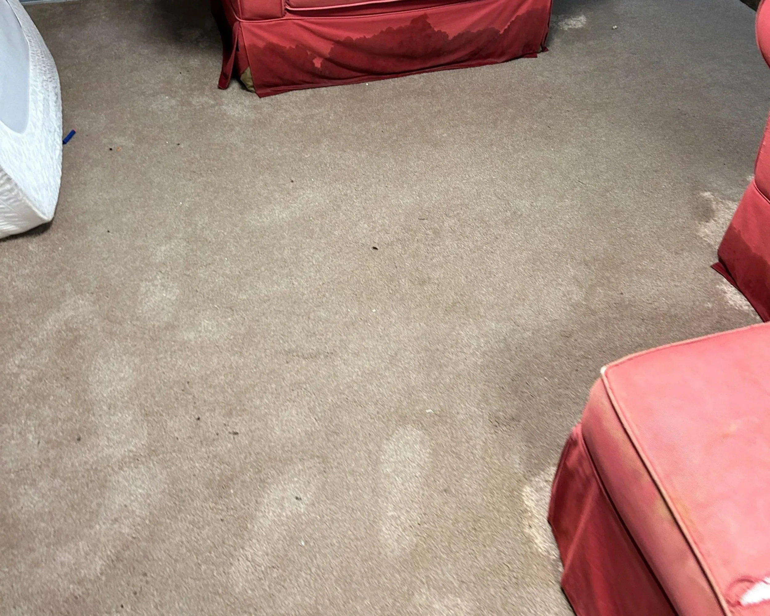Living room carpet and chairs soaked after a pipe burst in the basement