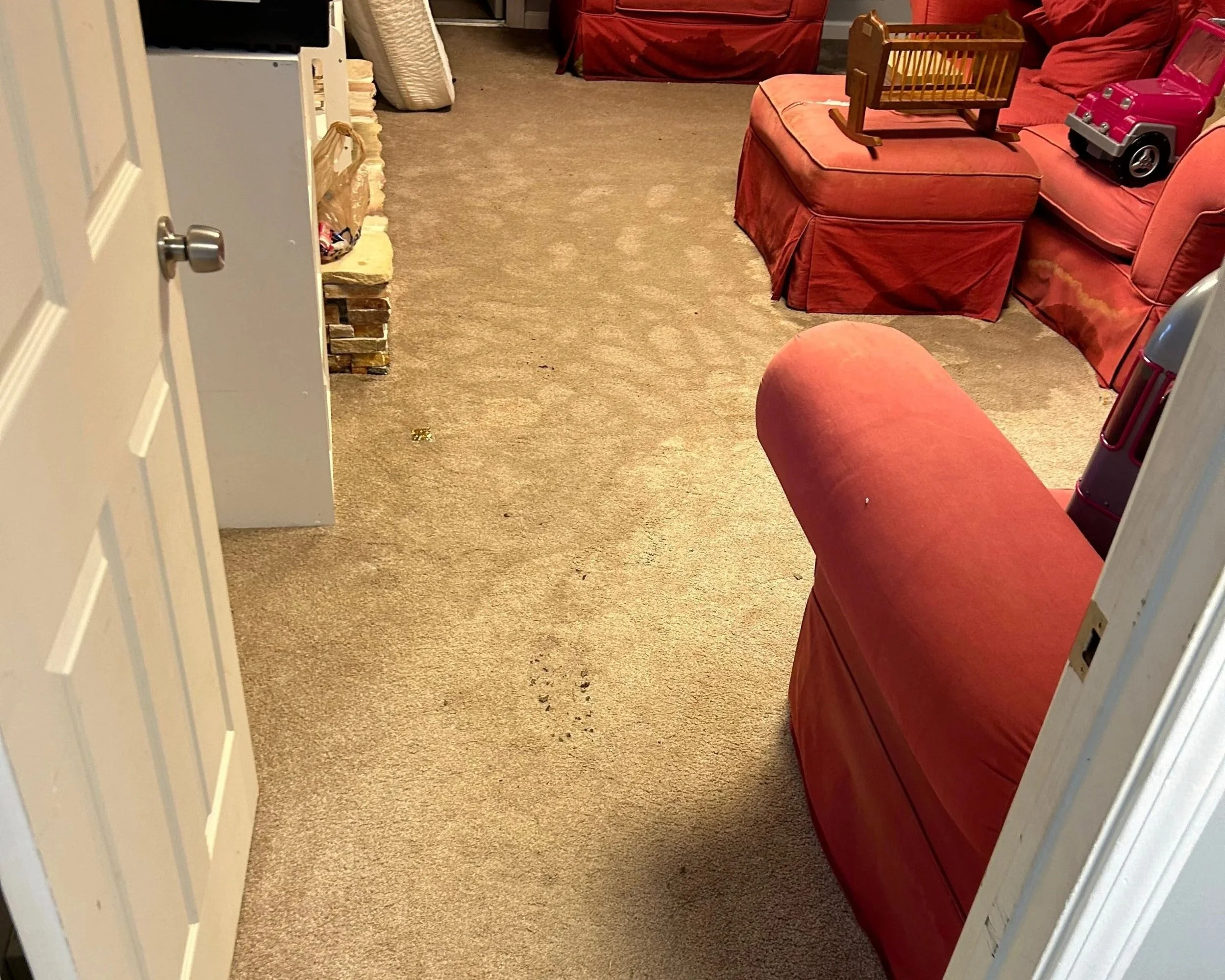 Soaked living room carpet and furniture after a pipe burst in the basement
